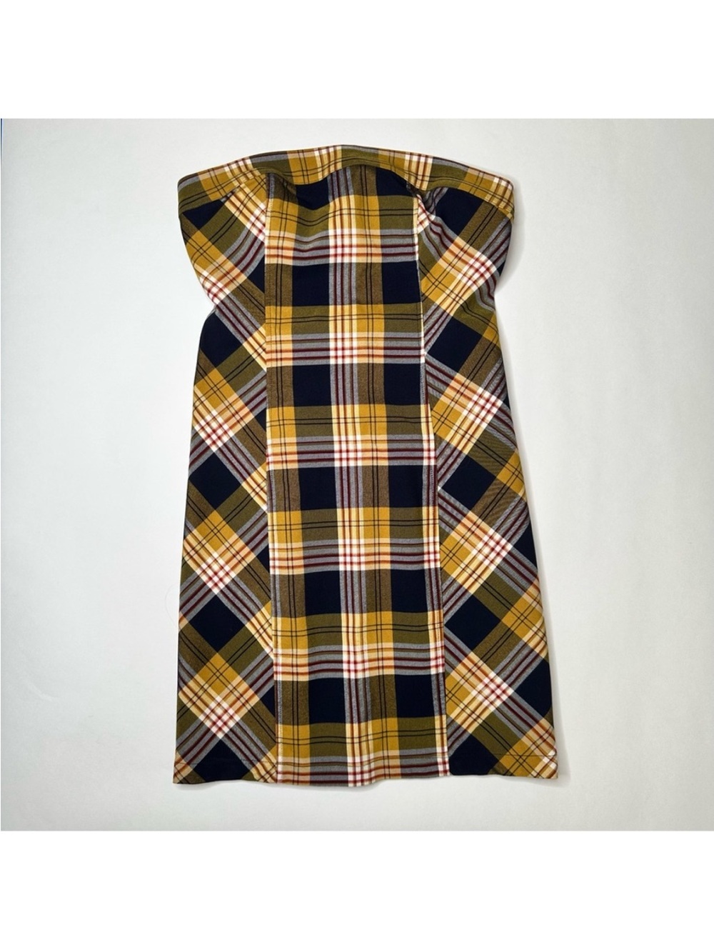 Urban Outfitters 90’s Inspired Plaid Strapless Dress in Mustard and Navy